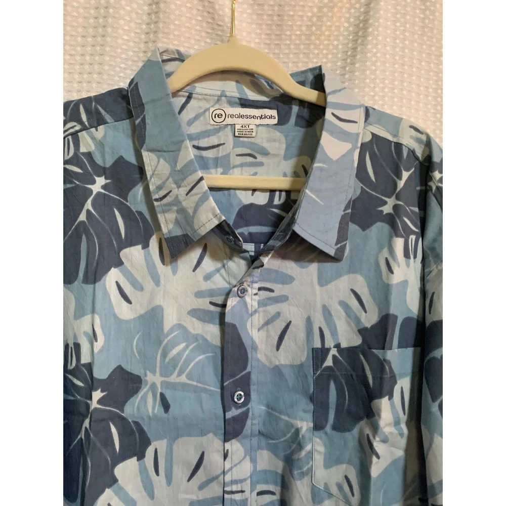 Real Essentials Mens 4XT Blue Monstera‎ Leaf Tropical Cotton Button Down Shirt